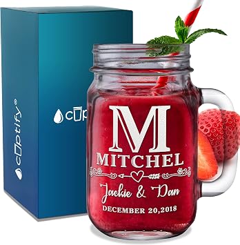 Cuptify Personalized Wedding Favors Etched 16 oz Mason Jar Drinking Glasses with Handle Customized Mug for Anniversary Groom Bride Husband Wife