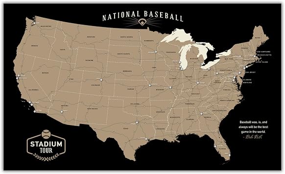 HolyCowCanvas Personalized Canvas Baseball Stadium Map Tracker with Push Pins, Parks Bucket List, Customized Baseball Gift Stadiums Push Pin USA Map, Mark Your Travels Black