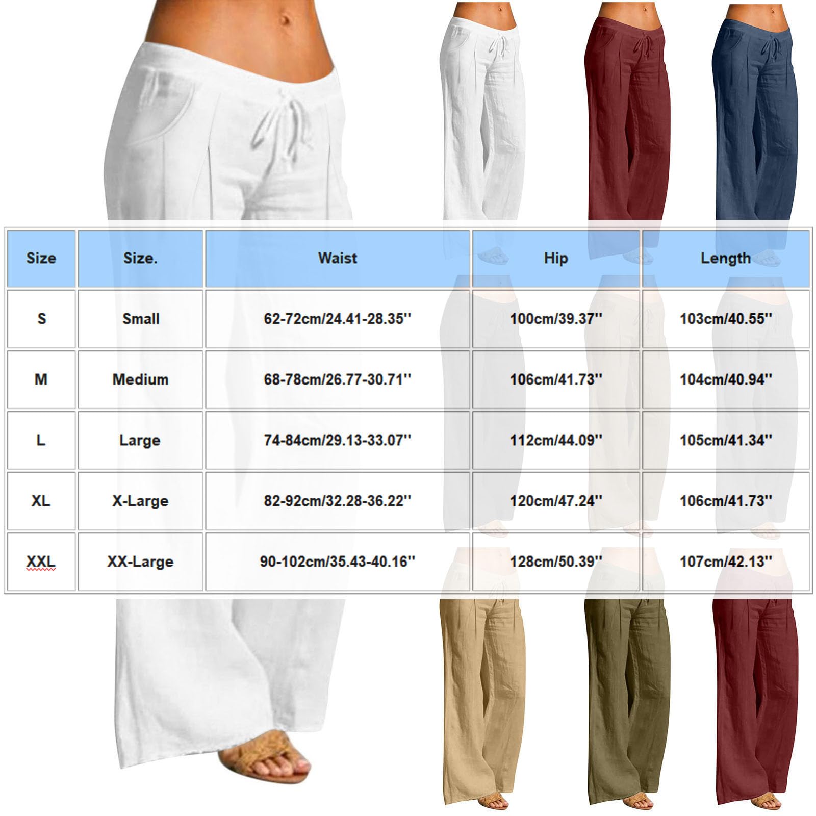 Pantalones de Lino Mujer Algodón Cintura Elástica Cordón Pierna Ancha Rectos Cómodos Transpirables Playa