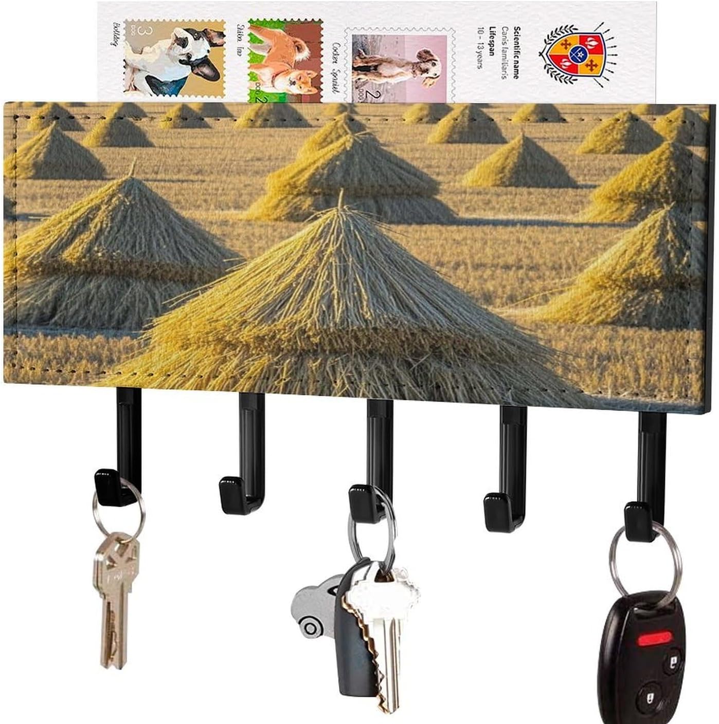 Key Holder Wall Mount Key Hanger with 5 Hooks, Decorative Key Rack | Pile of Grain Hanging Key Hooks with Mail Organizer for Wall Living Room Kitchen Bathroom Hallway