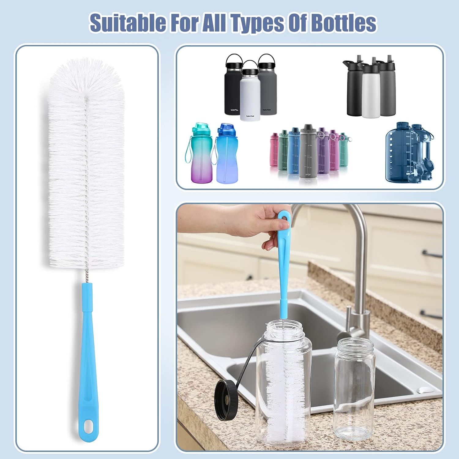 16" Bottle Brush Cleaner for Water Bottle - Long Handle Bottle Brush for Cleaning Thermos Hydro Flask Contigo S’Well Simple Modern Narrow Neck Sport Bottles Kombucha Beer Bottle and Jugs, Set of 2