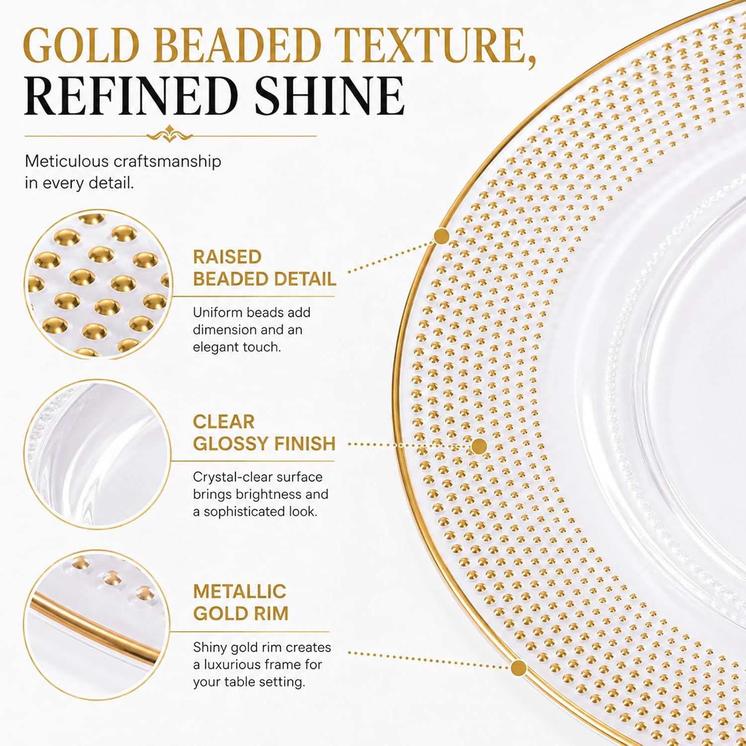 80Pcs Clear Charger Plates Bulk Wedding - 13" Premium Clear Plastic Chargers with Gold Beaded, Decorative Dinner Charger Plates for Events & Parties