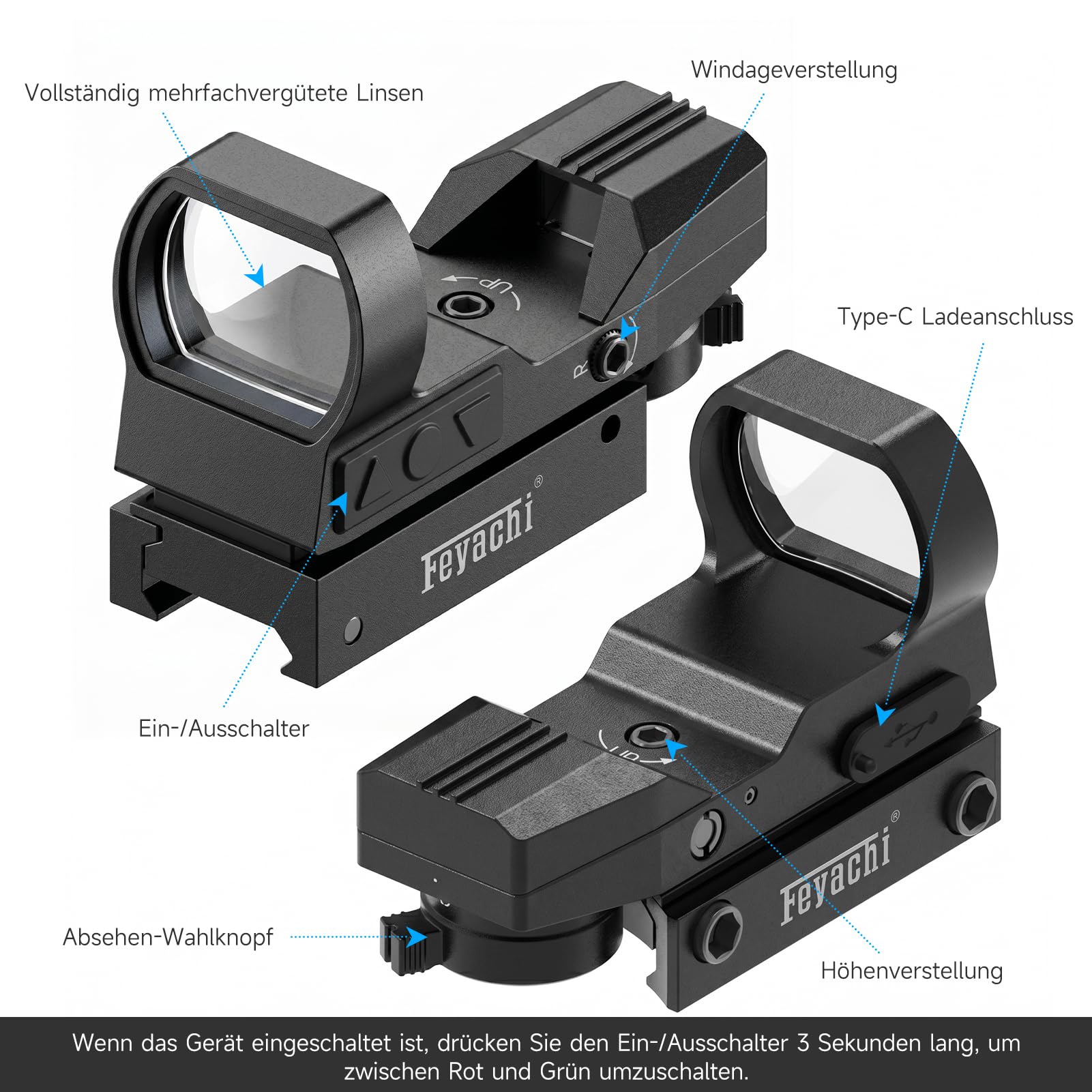 Feyachi RS-27 Red Dot Visier Wiederaufladbar Leuchtpunktvisier mit einstellbares taktisch Rot und Grün Fadenkreuz Zielfernrohr Reflexvisier kompatibel für 20mm/22mm Weaver oder Picatinny Schiene