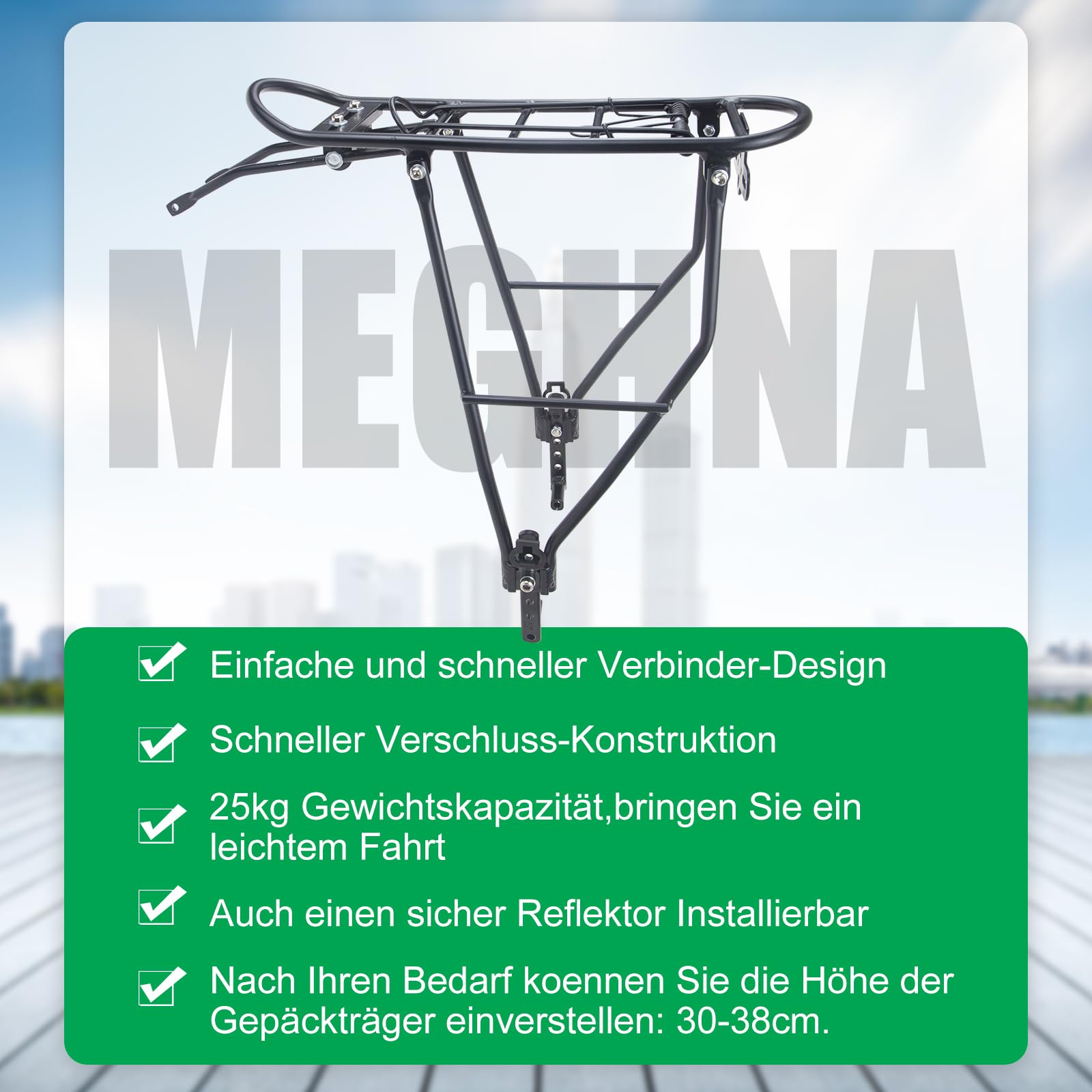 MEGHNA Porte-bagages de vélo réglable pour voyage à vélo - Porte-bagages arrière convient pour vélos de course 26”-29“/700c