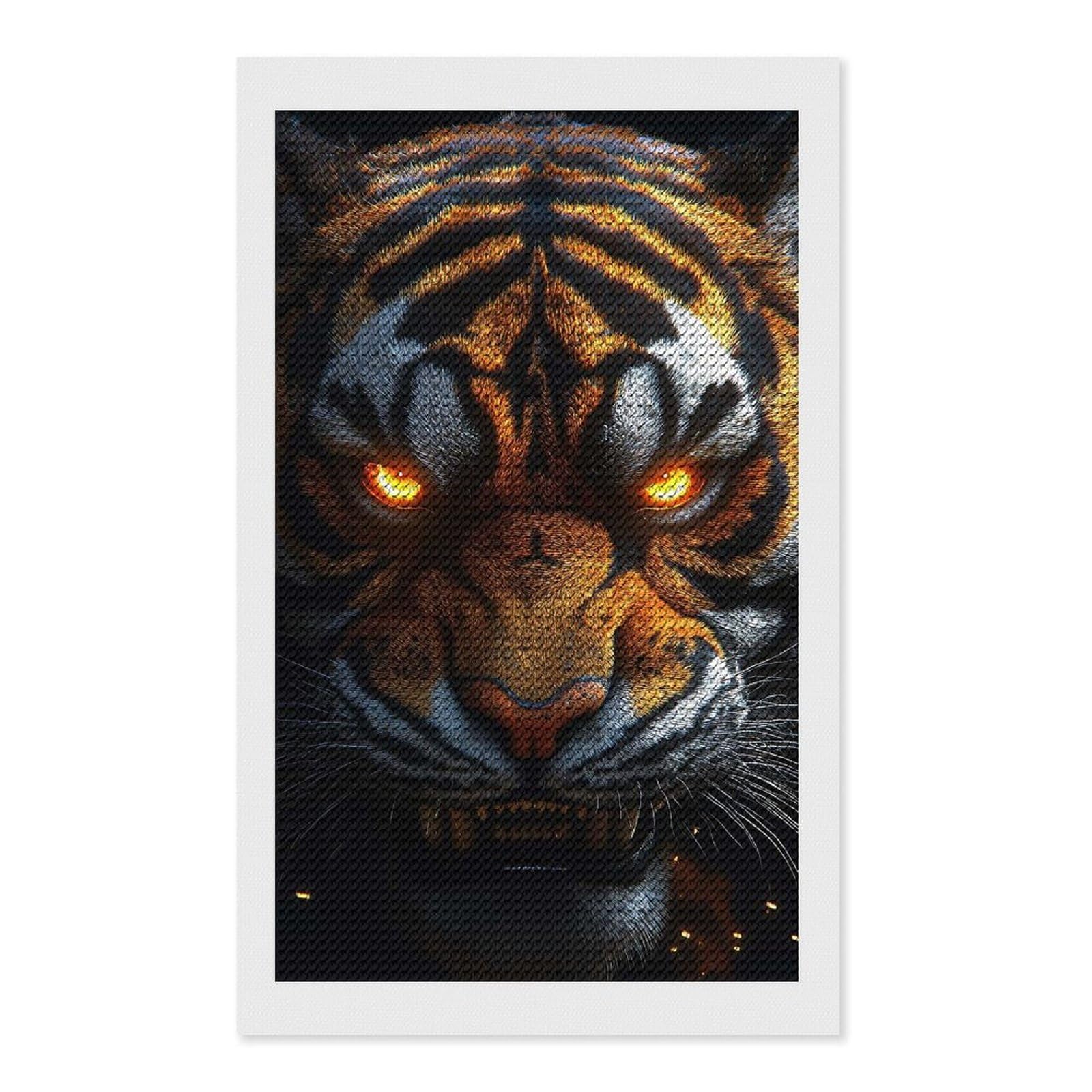 Junmoney Intense Tiger Portrait with Glowing Eyes Crystal Diamond Art Kit 12"x20", Stress Relief Craft, Decorative Artwork, Vintage Style Decor, Birthday Gift
