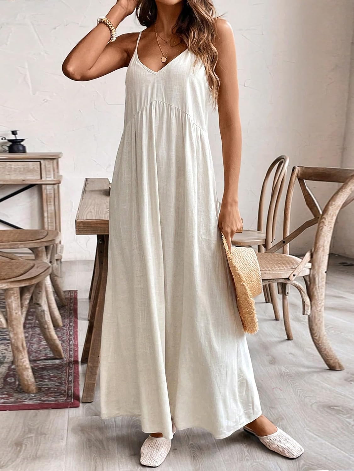 Women's Casual Summer Maxi Sundress V Neck Spaghetti Strap Backless Flowy Boho Beach Long Dress - Image 3