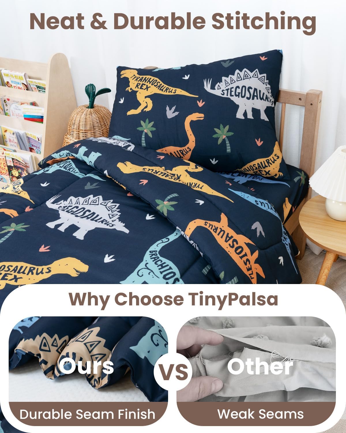 TinyPalsa Toddler Bedding Set, 4-Piece Green Dionosaur Comforter Set for Girls and Boys, Breathable Crib Bedding Includes Ultra-Soft Quilt, Flat and Fitted Sheets, and Reversible Pillowcase