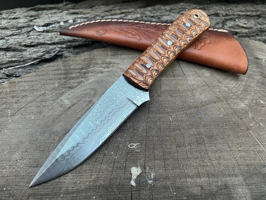 Damascus Hunting Fixed Blade Knife with Sheath - Best Hunting knife for MEN With Non Slip Handle – Survival Knife (BROWN)