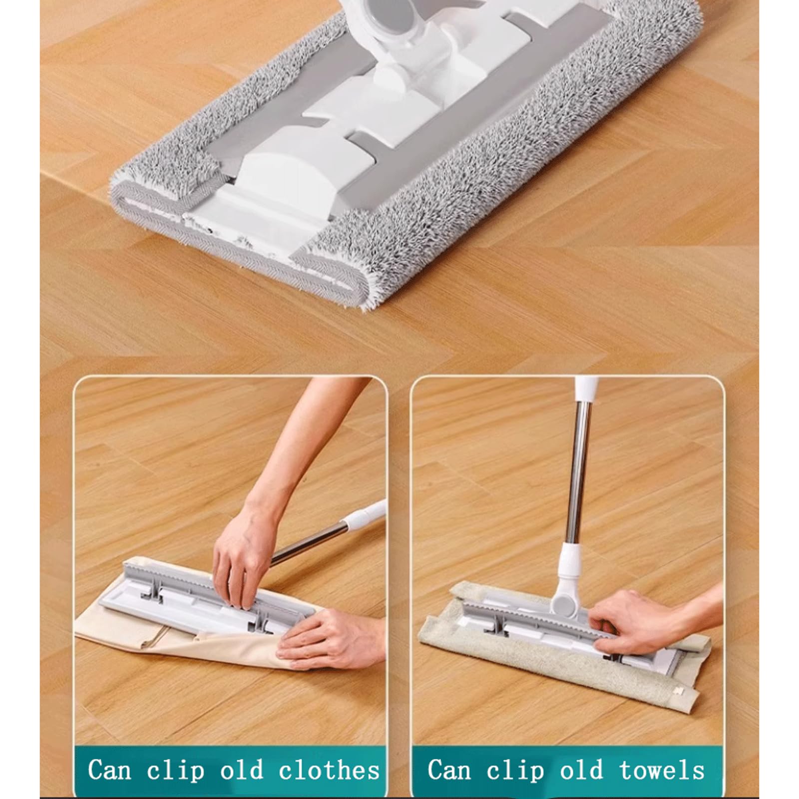 Fregona MOP con 3 Almohadillas de Microfibra Lavables de Uso húmedo y seco, Sistema de Limpieza de Pisos Mop Plano de Tela con Clip de 40 cm mopa para Limpiar