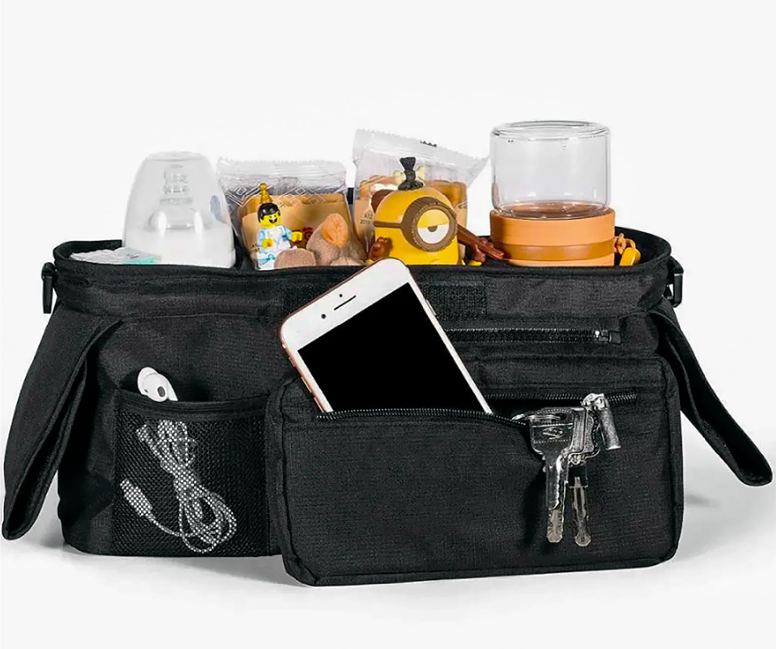 MomSnug Universal Stroller Organizer Non Slip Straps Stroller with Cup Holder and detachable phone Mesh Bag,Shoulder Strap,fits for any stroller. Spacious pockets for keys,toys, diappers and much more