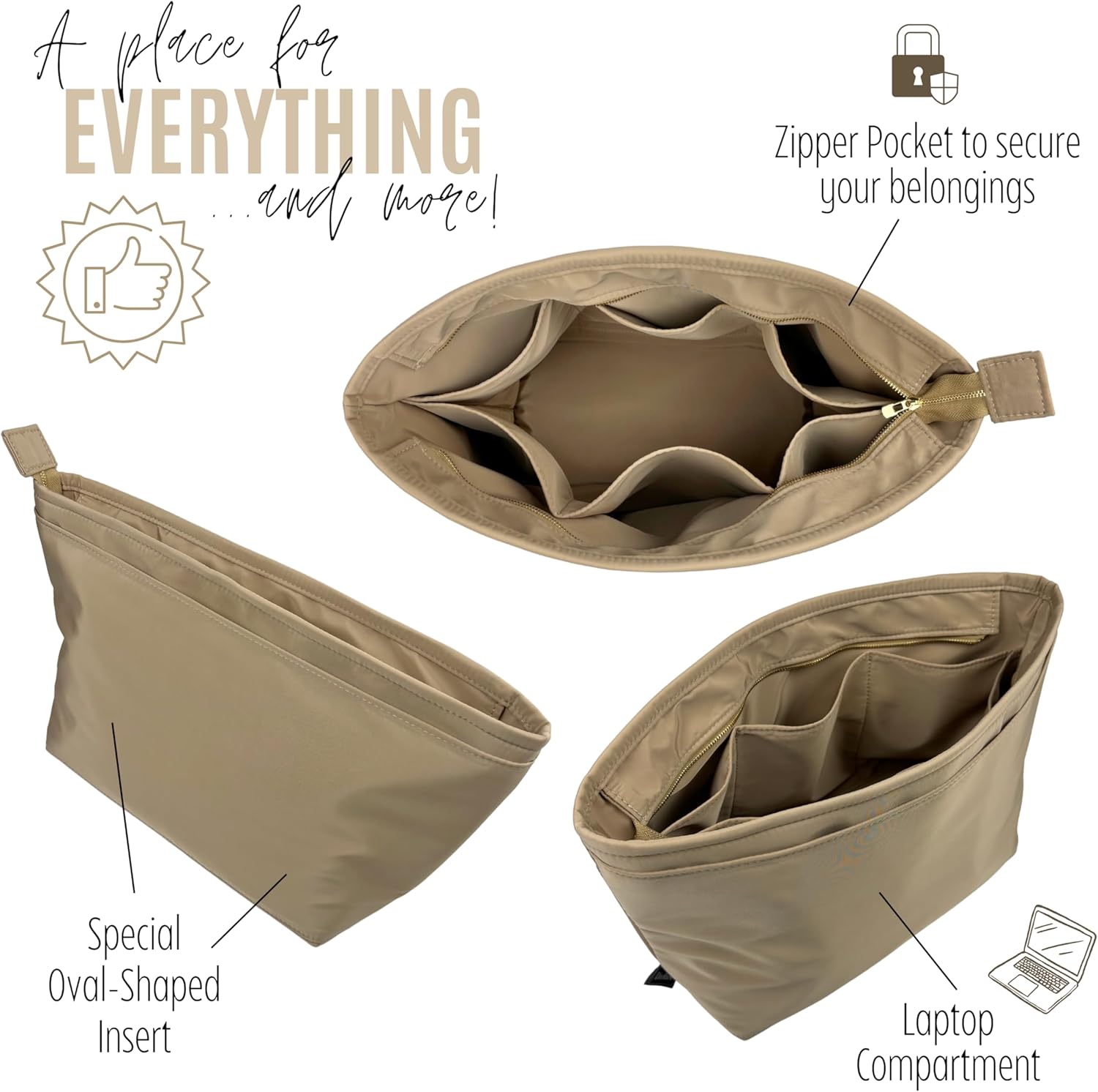 Divitize Luxe Waterproof Nylon Organizer compatible with Ophidia S/M/L Tote Bag Insert — with Gold Zip Perfect Fit, +24 Colors, Premium Quality, Extra Storage (Beige, For Medium Ophidia)