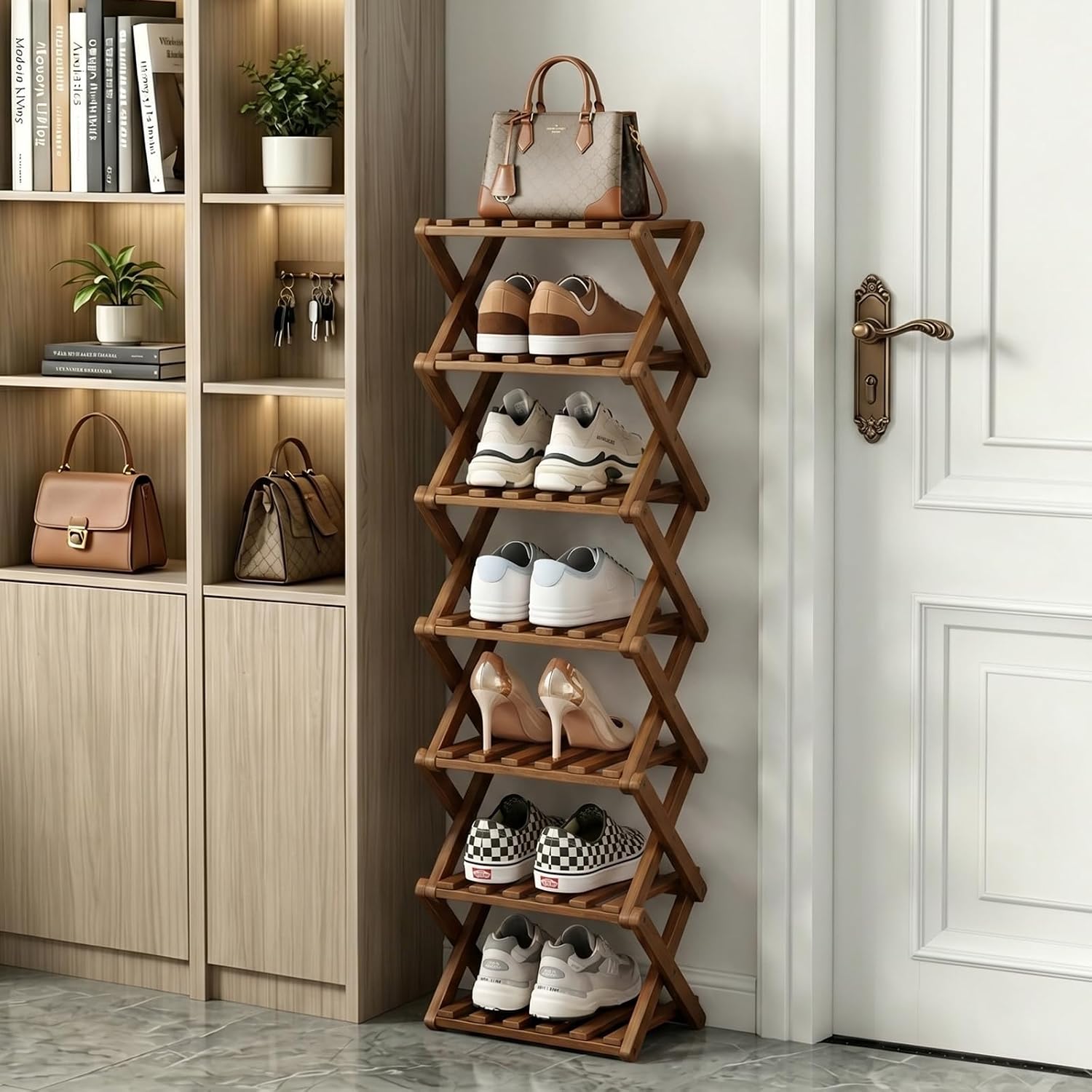 Shoe Rack, Foldable Bamboo Shoes Shelf for Small Spaces, Multifunctional Vertical Shoe Organizer Tall for Entryway, Closet, Corner, Bedroom, Hallway (Brown, 7 Layers)