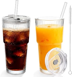 20 OZ Glass Coffee Cups with Lids and Straws, Set of 2 Ribbed Glass Tumblers, Iced Coffee Cups with Lids, Reusable Glass Cups for Cold Brew, Latte, Tea, Coffee Bar Accessories, Home Office