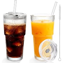 20 OZ Glass Coffee Cups with Lids and Straws, Set of 4 Ribbed Glass Tumblers, Iced Coffee Cups with Lids, Reusable Glass Cups for Cold Brew, Latte, Tea, Coffee Bar Accessories, Home Office