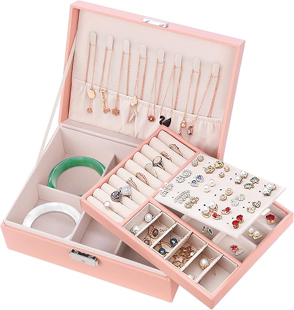Jewellery Box for Women, Mamowla Jewellery Boxes 2 layers Jewelry Storage Organiser for Necklace Earrings Bracelets Rings, Large PU Leather Jewelry Storage Case for Girls and Women, Pink