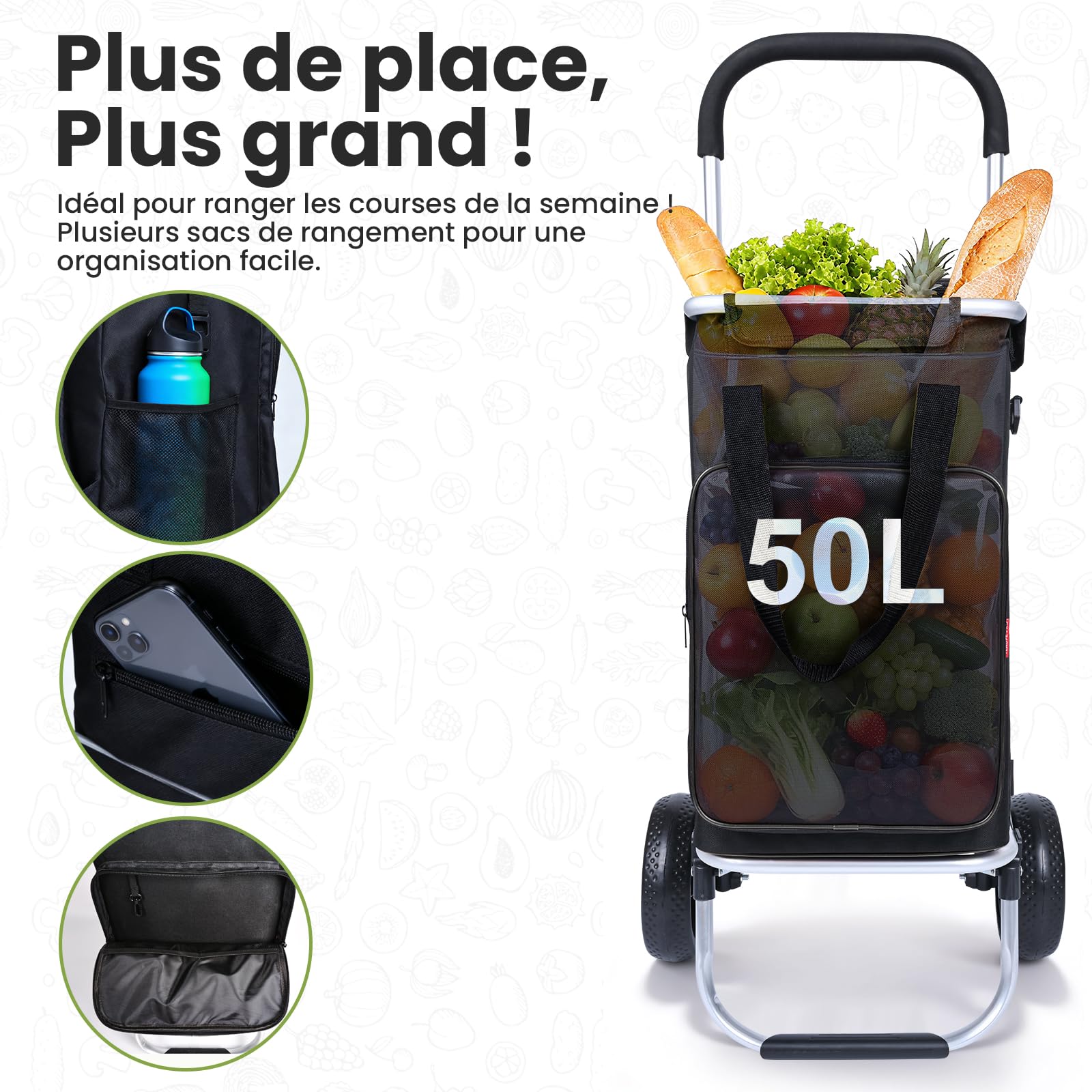 YEAUPE PRO Chariot de Courses, Capacité 50 L - Cadre en Aluminium, 2 Roues, Chariot 3 en 1 avec Sac Isotherme - pour Supermarché, Picnic, Voyages - Noir