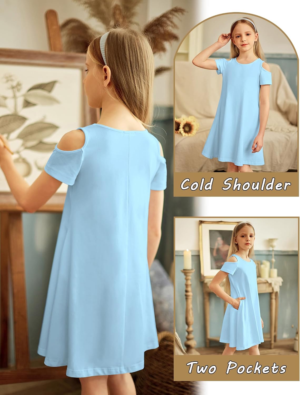 Arshiner Girls Summer Dress Short Sleeve Cold Shoulder Solid Color Swing Casual Dresses with Pockets image 4
