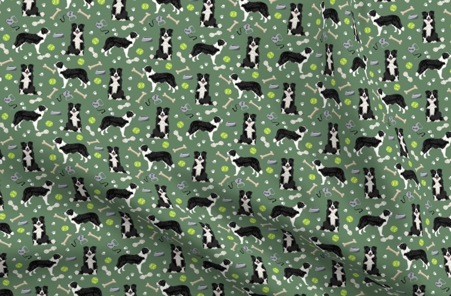 Spoonflower Fabric - Border Collie Toys Tennis Balls Neutral Medium Green Collies Dogs Printed on Minky Fabric by The Yard - Sewing Baby Blankets Quilt Backing Plush