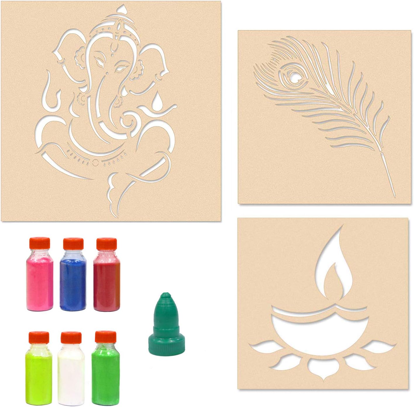 Incredible Gifts India Feather with Ganesha Rangoli Stencils for Floor Combo with Six Rangoli Colours (Wood, 30 cm x30 cm)