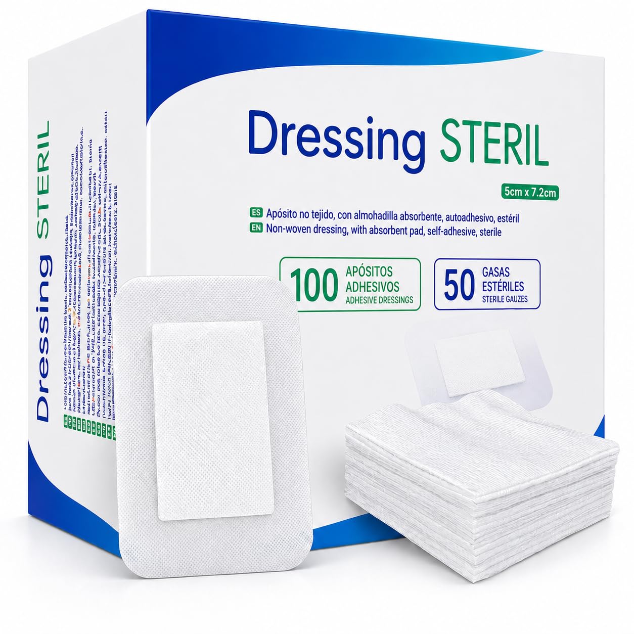 Pack 150 Unidades, 100 Apósitos Adhesivos Estériles Transpirables (5cm x 7,2cm) + 50 Gasas Esteriles de Tejido Sin Tejer (5cm x 5cm) Apositos Adhesivos Parches para Heridas Compresas de Curación