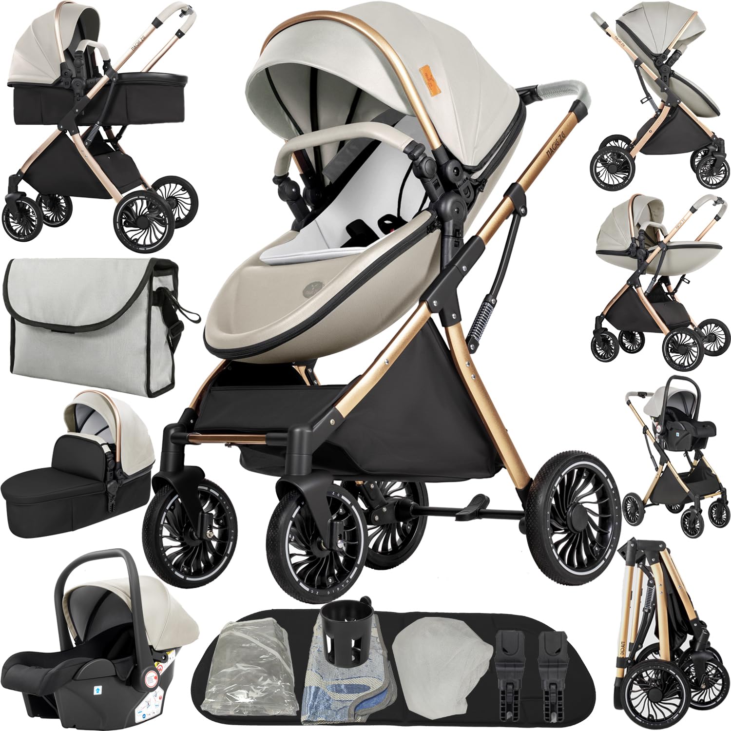 Magic ZC PU Leather 3 in 1 Pushchair Pram Travel System, Baby Stroller 3 in 1 with Reversible Two Pushing Modes, Newborn Infant Carriage One-Click Folding, Toddler Buggy Aluminum Frame (Black 518) — view 16
