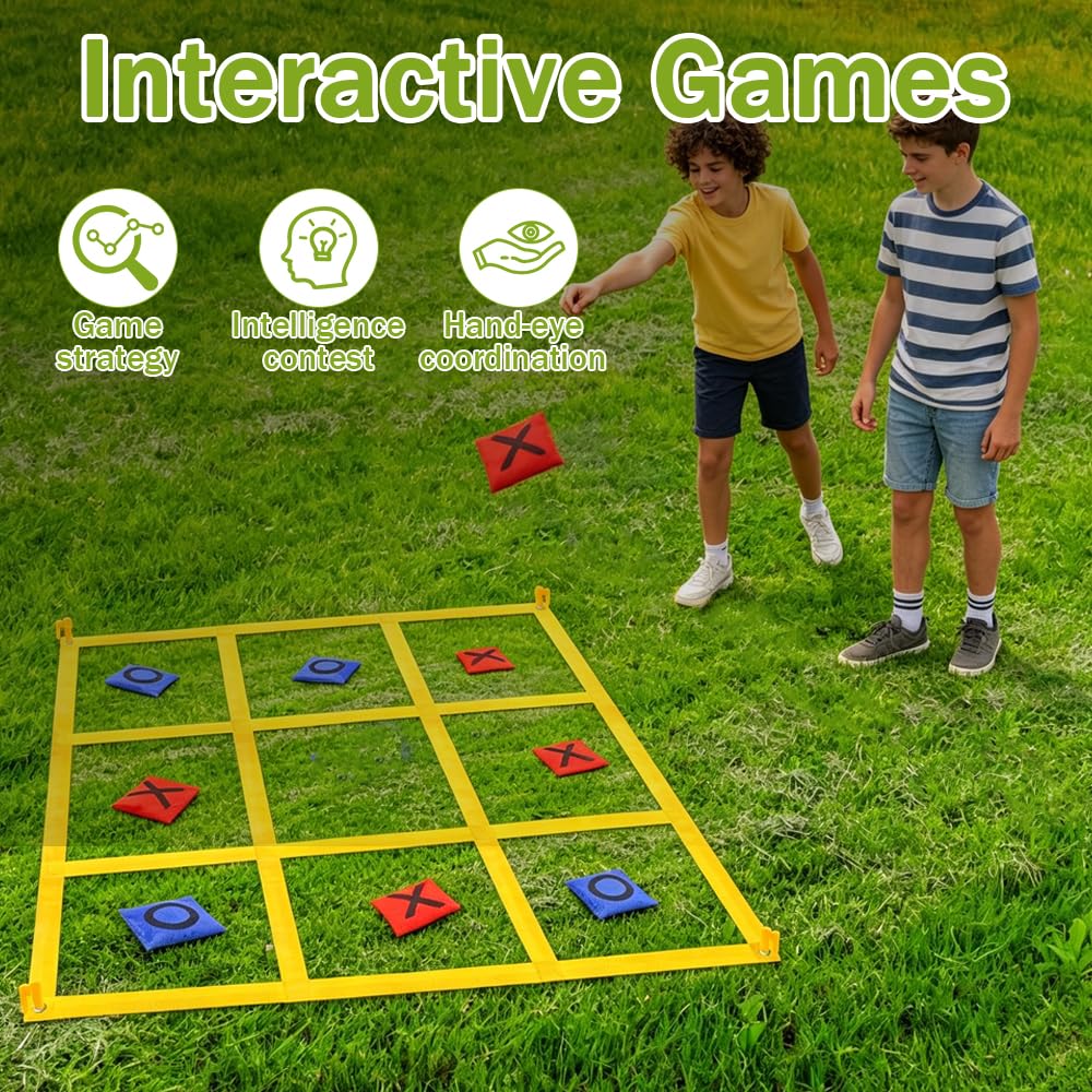 Riesiges Tic Tac Toe Outdoor Spielset für Kinder und Erwachsene, 1,2m Faltbares Wurfspiel mit 10 Bohnensäckchen und 4 Heringen, Tragbar Sackwerfen Spiel für Garten, Strand und Camping