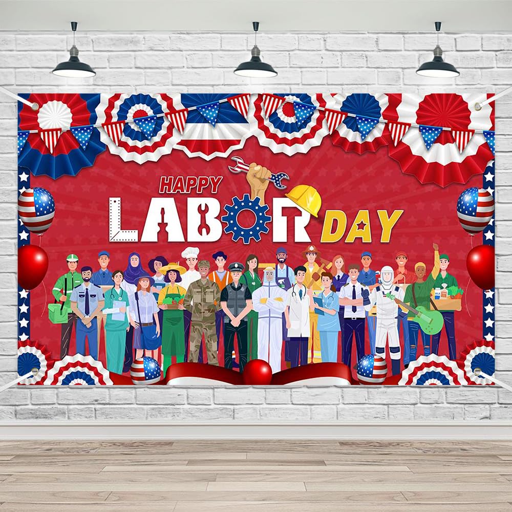 Lofaris Happy Labor Day Banner Backdrop Labor Day Party Decorations USA American Flag Patriotic Celebration Party Supplies for Home Classroom Offical