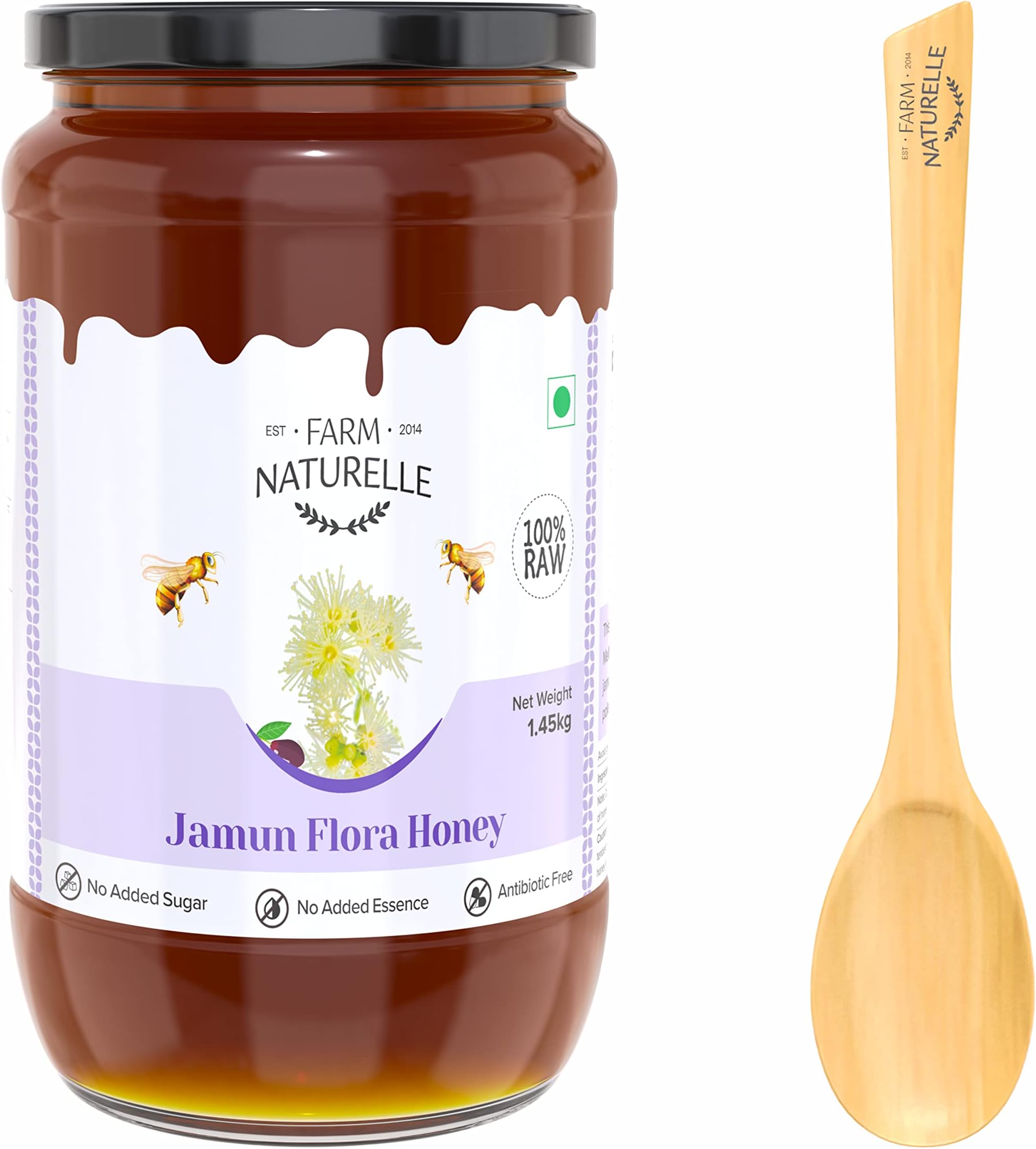 Farm Naturelle Raw Jamun Honey 1500g| Glass Bottle | 100% Pure Unprocessed & Natural Honey | Ayurvedic & Rich in Vitamins and Minerals | Helps Boost Immunity