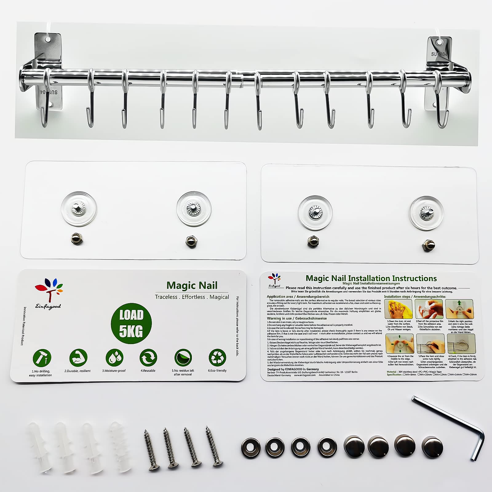 Appendiabiti da cucina, 12 ganci con adesivi magici, senza foratura, doppio tubo in acciaio inox, lunghezza estensibile da 40 cm a 72,4 cm (12 ganci)