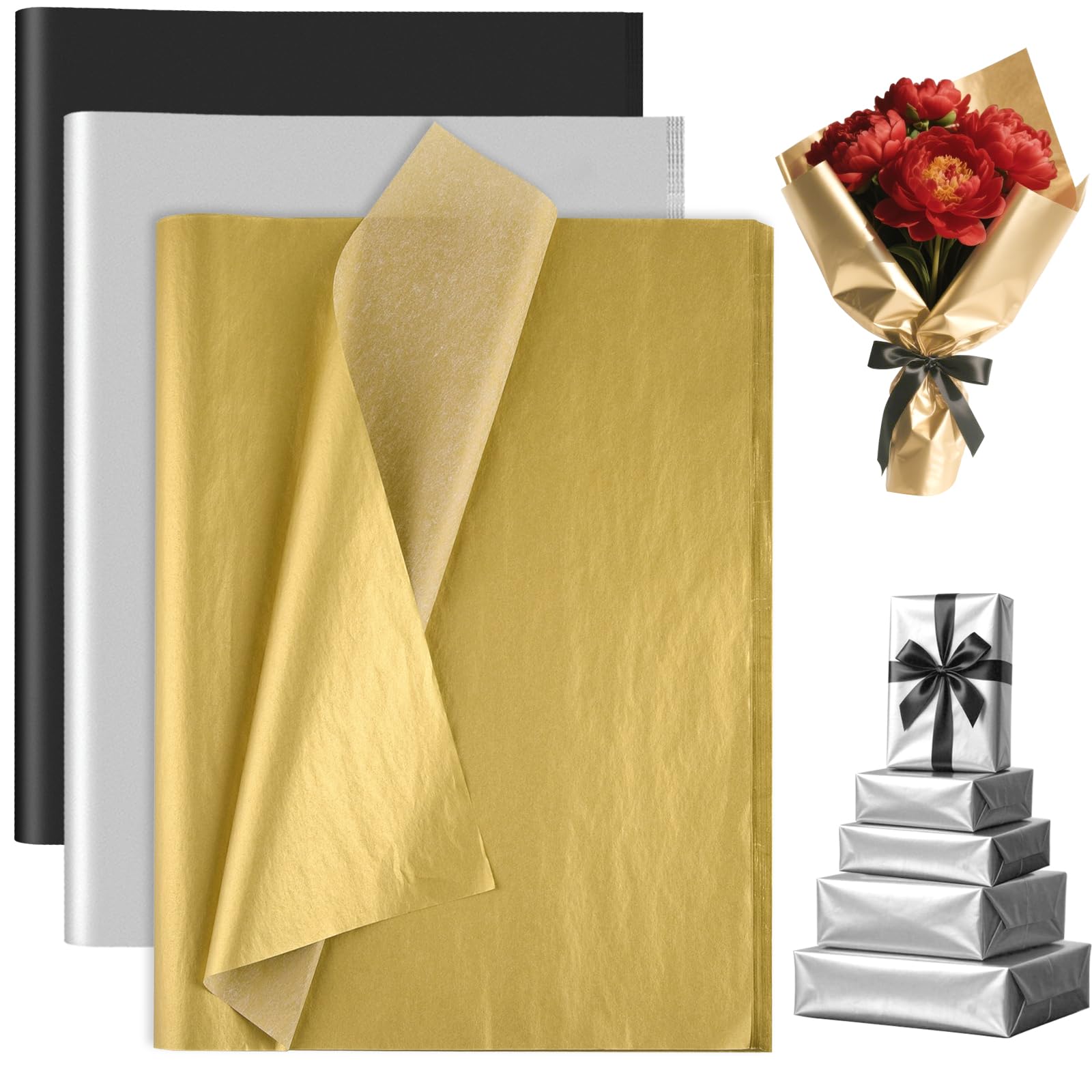 60 Sheets Gold Silver Black Tissue Paper Metallic Wrap Paper Bulk for Gift Bags, PLULON Gift Wrapping 35 x 50cm for Packaging Small Gift Bag Box Art Crafts Grad Birthday Wedding Party Favor Decor — image 1