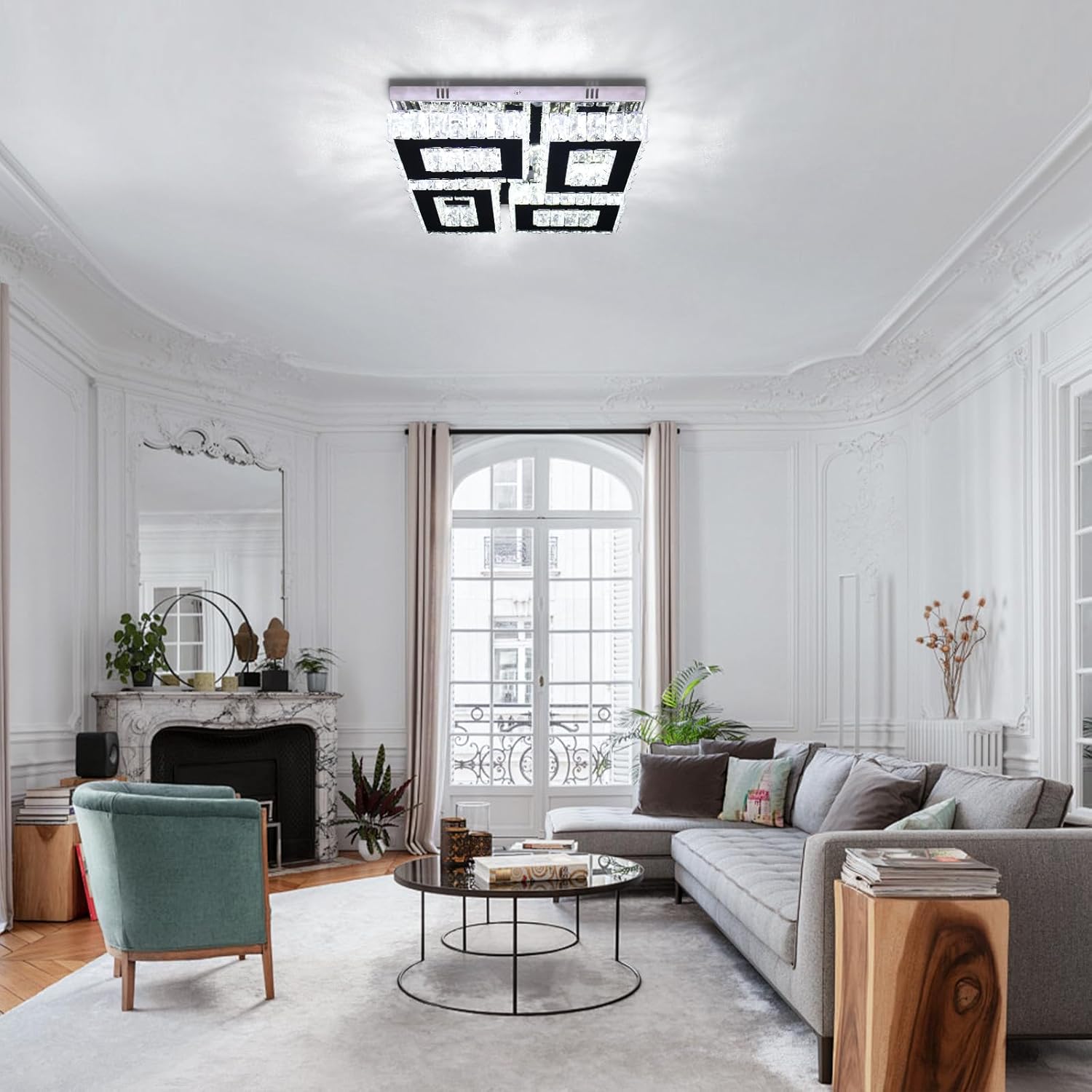 13.1'' Modern Square Crystal Chandeliers Flush Mount Square Crystal Ceiling Light Fixtures Stainless Steel LED Chandelier Light for Bedroom Dining Room Hallway Cool White