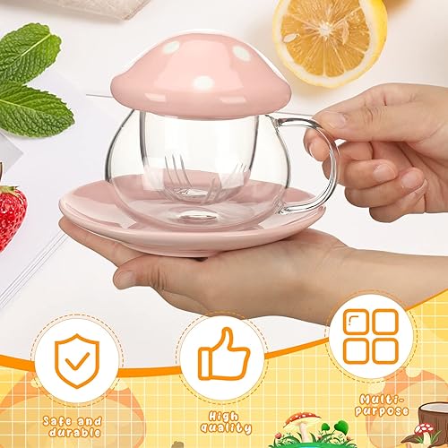 Miniatura 3 de Lallisa Juego de 4 tazas de té de hongos de 9.6 onzas con infusor y cuchara, lindas tazas de vidrio, tetera de té de hongos con tapa de cerámica