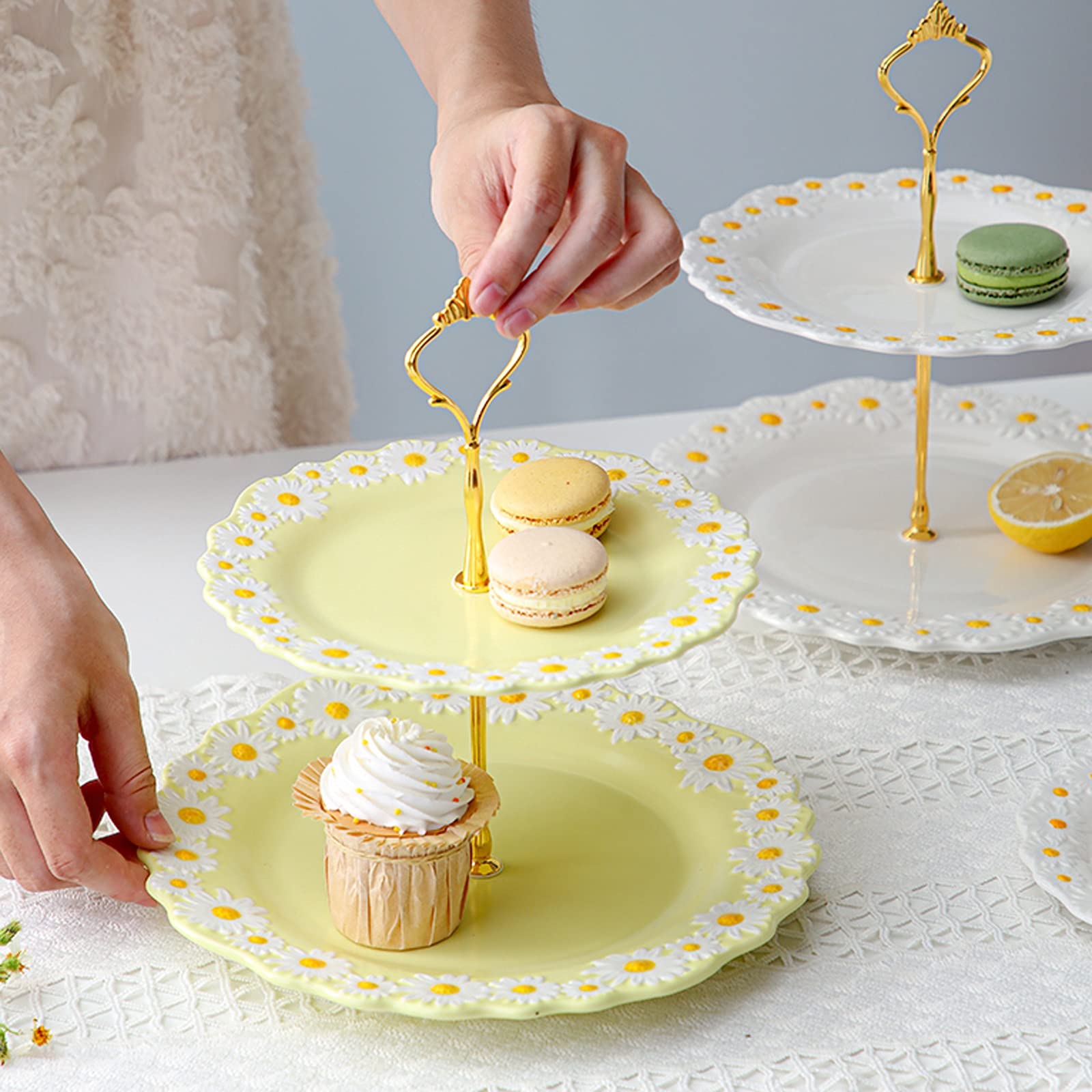 Soporte de cerámica para tartas de 2 niveles, exhibición creativa de postres para cupcakes, pasteles y plato de servir té de la tarde, multiusos