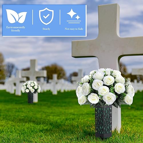 Miniatura 7 de Yahenda 2 juegos de flores artificiales de cementerio, 36 cabezas, rosa con 2 marcadores de tumba, florero con orificio de drenaje, espigas largas y