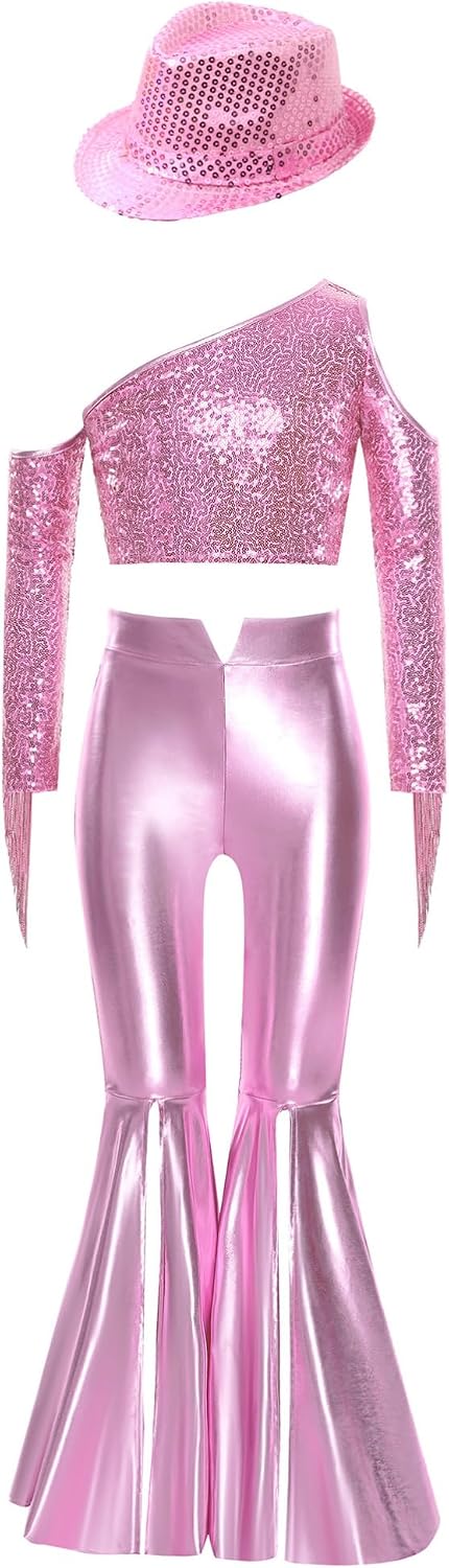 Girls' Sequined Crop Top One Shoulder Dance Shirts And Patent Leather Hip Hugger Slim Fit Pink 16 Years