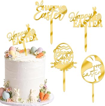 8Pcs Gold Happy Easter Cake Toppers Mirror Acrylic Bunny Egg Cake Picks Bunny Cupcake Decor for Spring Easter Party Cake Desserts Decor Supplies