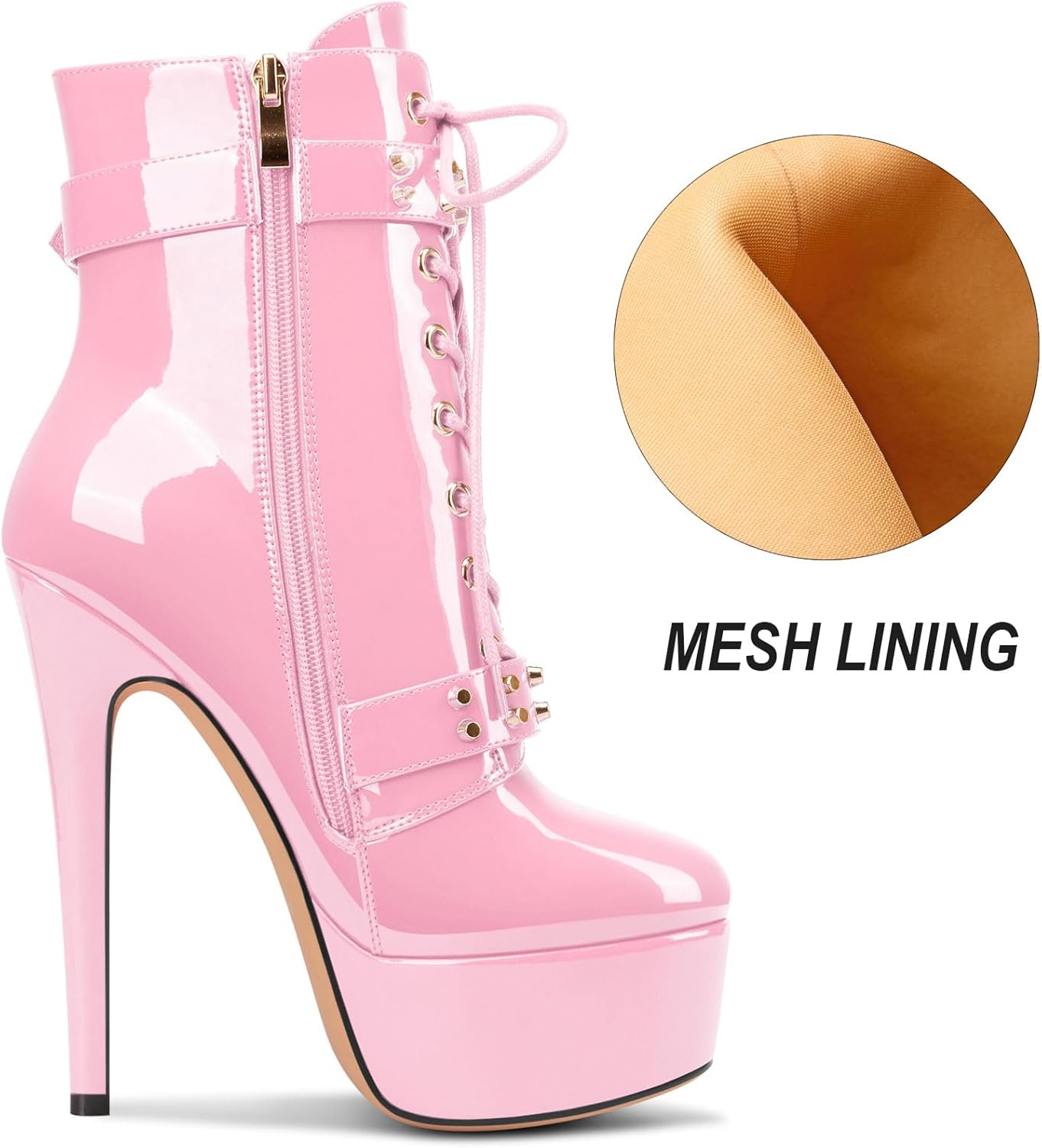 Aachcol Womens Patent Leather Platform Ankle Boots Lace-up Stiletto High Heel Buckle Zipper Short Booties Prom Dress Shoes 6 Inches Heels - Image 6