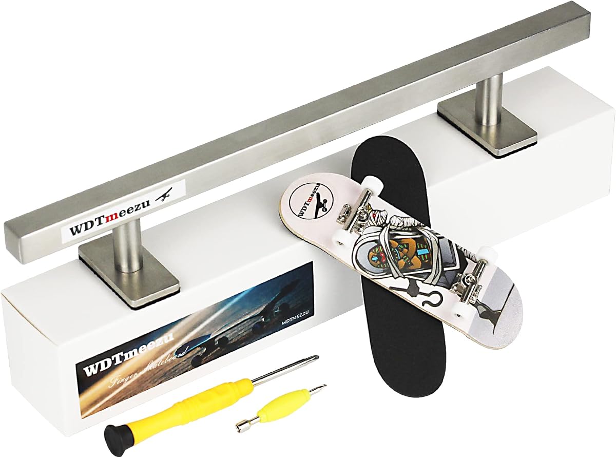 Diapasón de madera y monopatín de dedo, juego de rieles planos, diapasón con ruedas de rodamiento y soporte profesional para MINI monopatín, riel de metal de 10" de largo
