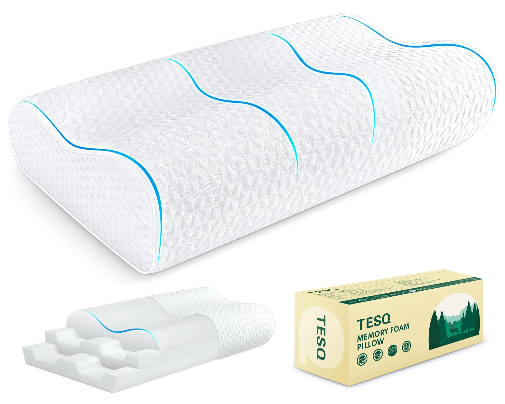 TESQ Almohada sándwich de Tres Capas: Fabricada con Espuma viscoelástica dinámica, diseñada ergonómicamente y con Contorno Ajustable, Adecuada para posición Lateral, Espalda y Boca Abajo.