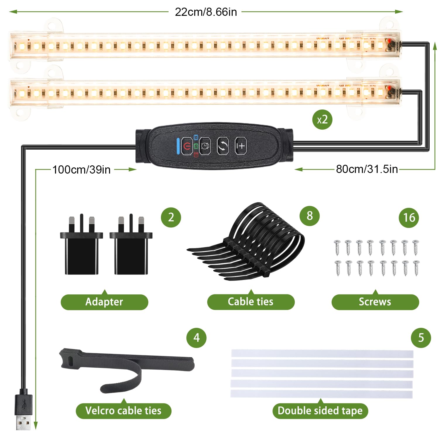 Lot de 2 bandes lumineuses à DEL de 21,8 cm, spectre complet 3500 K pour plantes d'intérieur, 2 têtes avec minuterie de 3/9/12h, 10 niveaux à intensité variable, idéales pour les semis, les