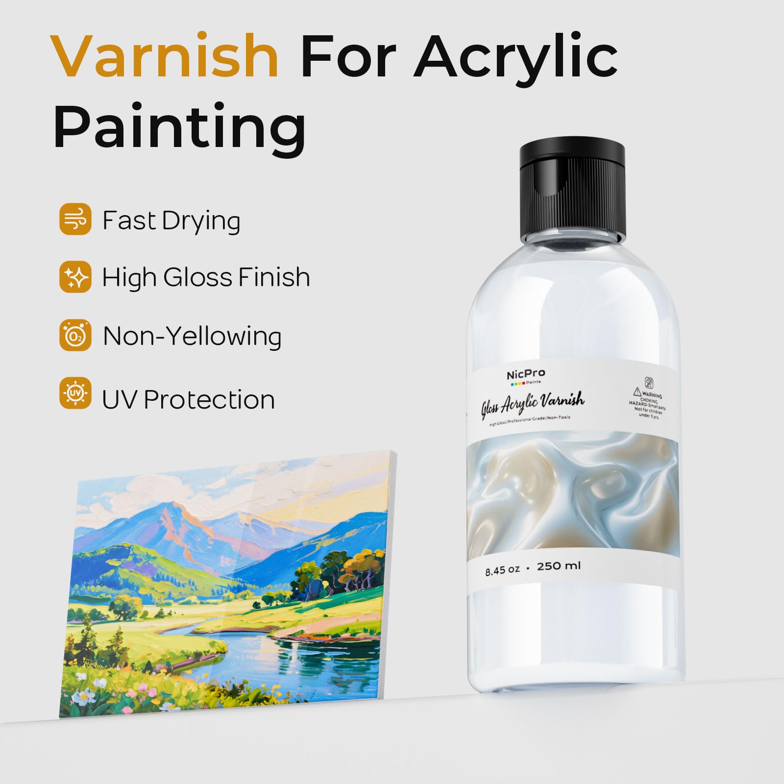 Nicpro Gloss Varnish for Acrylic Painting 8.45oz, Non-Yellowing, Non-Toxic, Anti-Crazing, Clear Acrylic Varnish for Pro Artist, Hobby Painter on Canvas Artwork, Acrylics Paint, Wood, High Gloss Finish