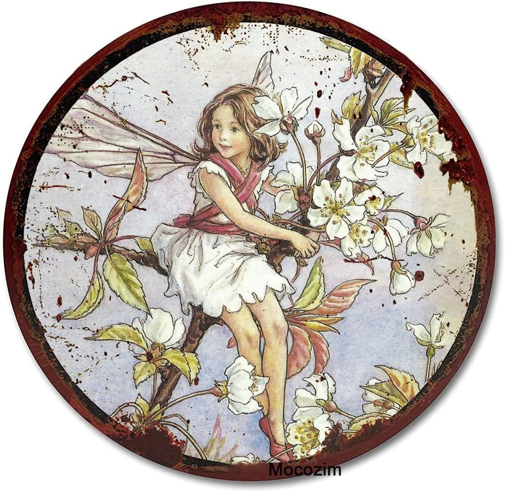Kisoyo Round 26 Round Metal Tin Sign Wild Cherry Blossom Fairy Cicely Mary Barker Flower Fairies Vintage Wall Art Nursery Decor Fairy Print Home Decor Courtyard Decoration Sign 12X12 Inch