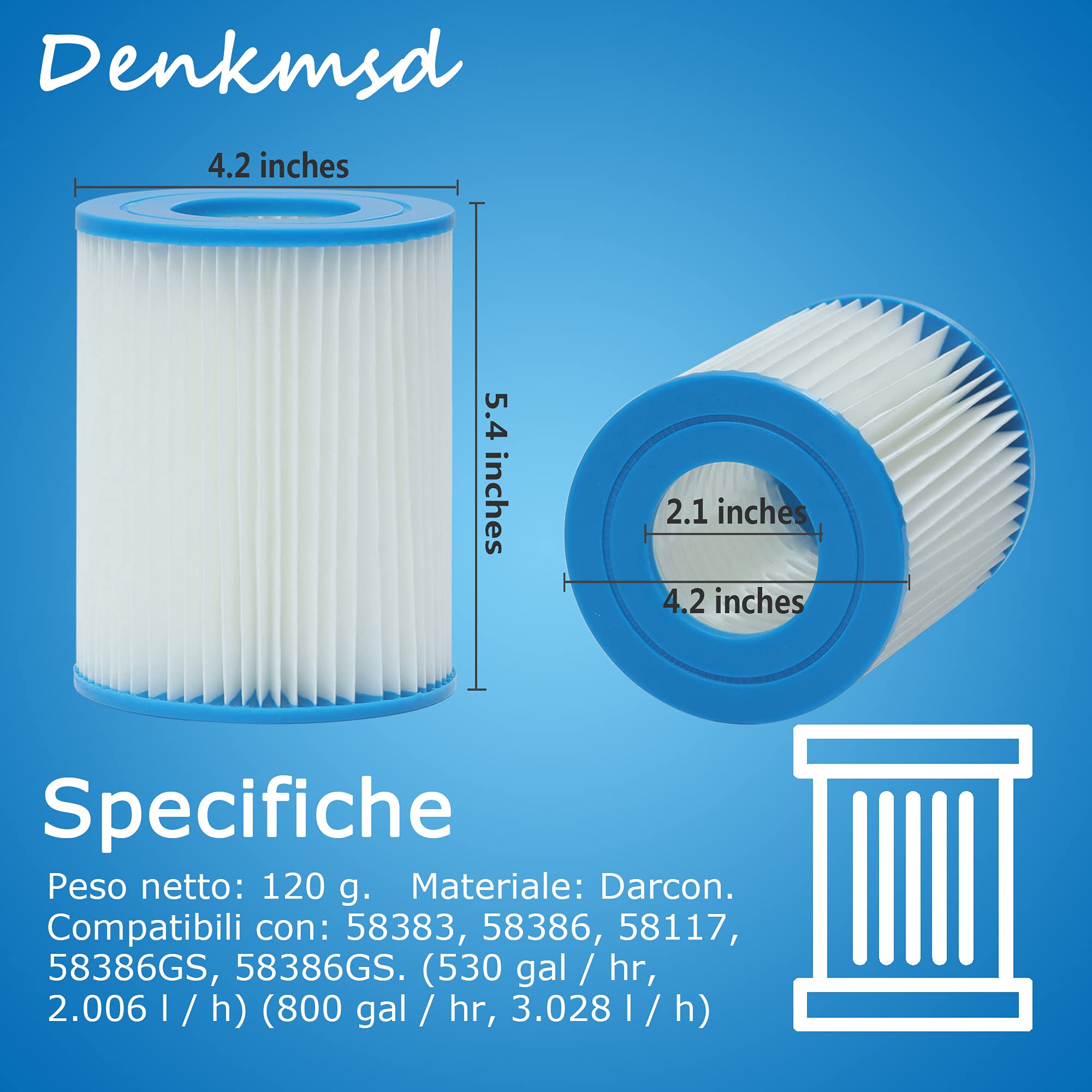 Cartucho de Filtro Tipo II para Bomba de Piscina, Cartucho de Filtro de Repuesto para 58094, Capacidad: 2006/3028 l/Hora (4 Unidades)