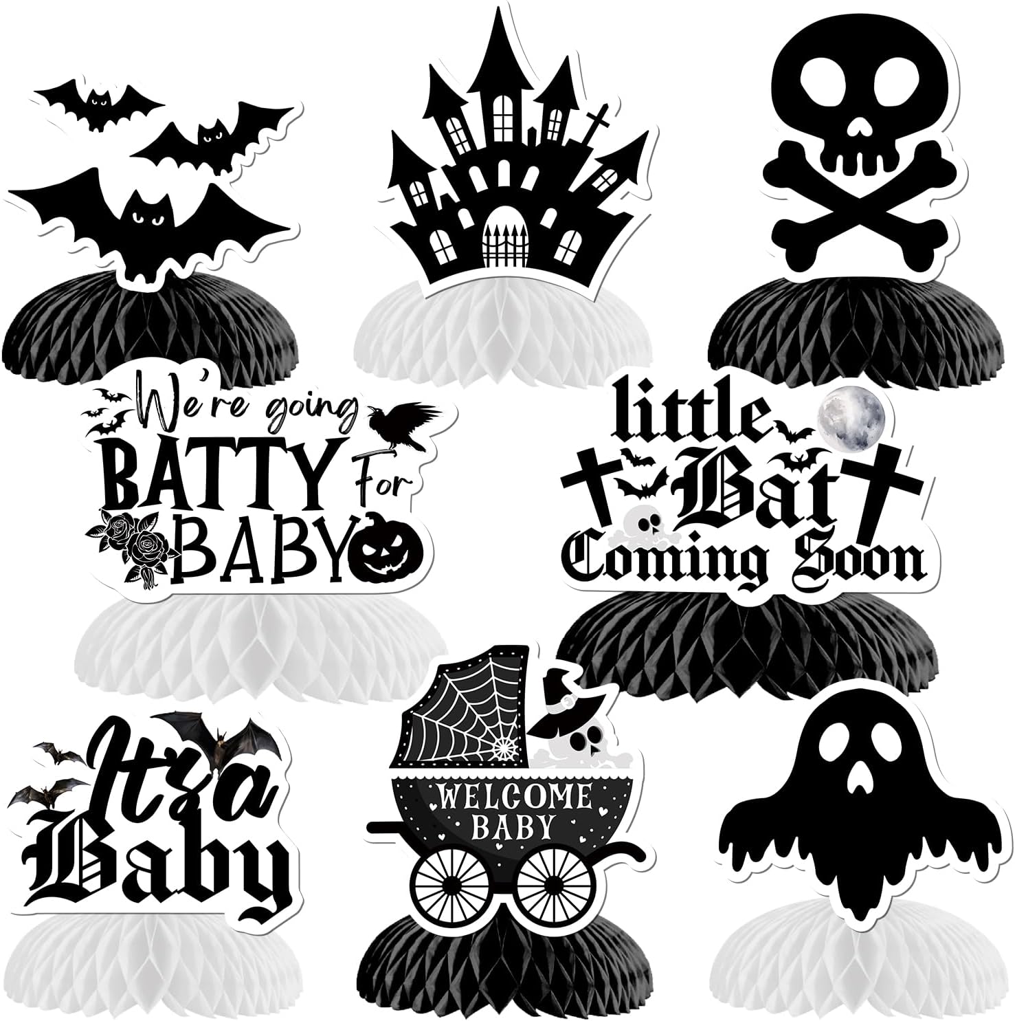 8Pcs Halloween Gothic Baby Shower Honeycomb Centerpiece Baby Bat Coming Soon Decorations Ghost Bat Castle Skeleton Table Decor for Halloween Bat Theme Baby Shower Party Decor Supplies
