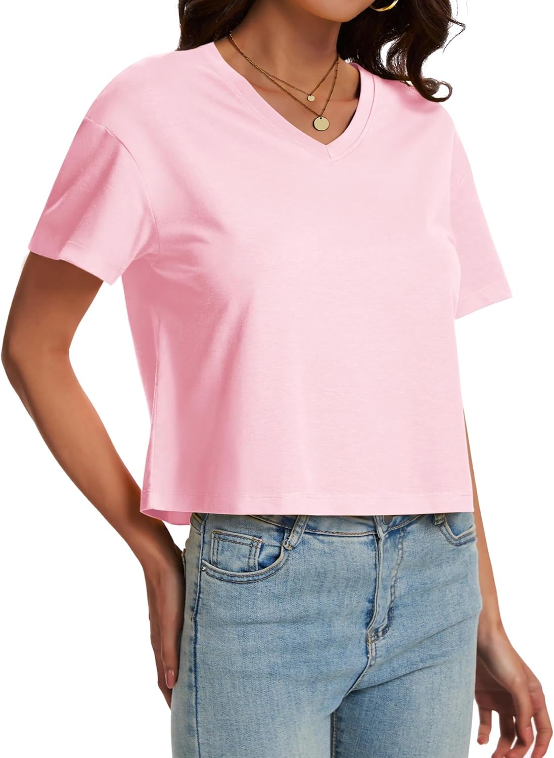 SMENG Women's Cropped T Shirts Loose Cotton Soft UPF50+ Basic Tshirt Vneck Short Sleeve Breathable Tees 2026 - Image 2