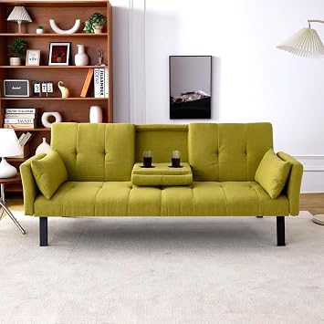 70-Inch Convertible Futon Sofa Bed, Fabric Upholstery Loverseat with Cup Holders, Folding Recliner Lounge for Small Spaces Green 2