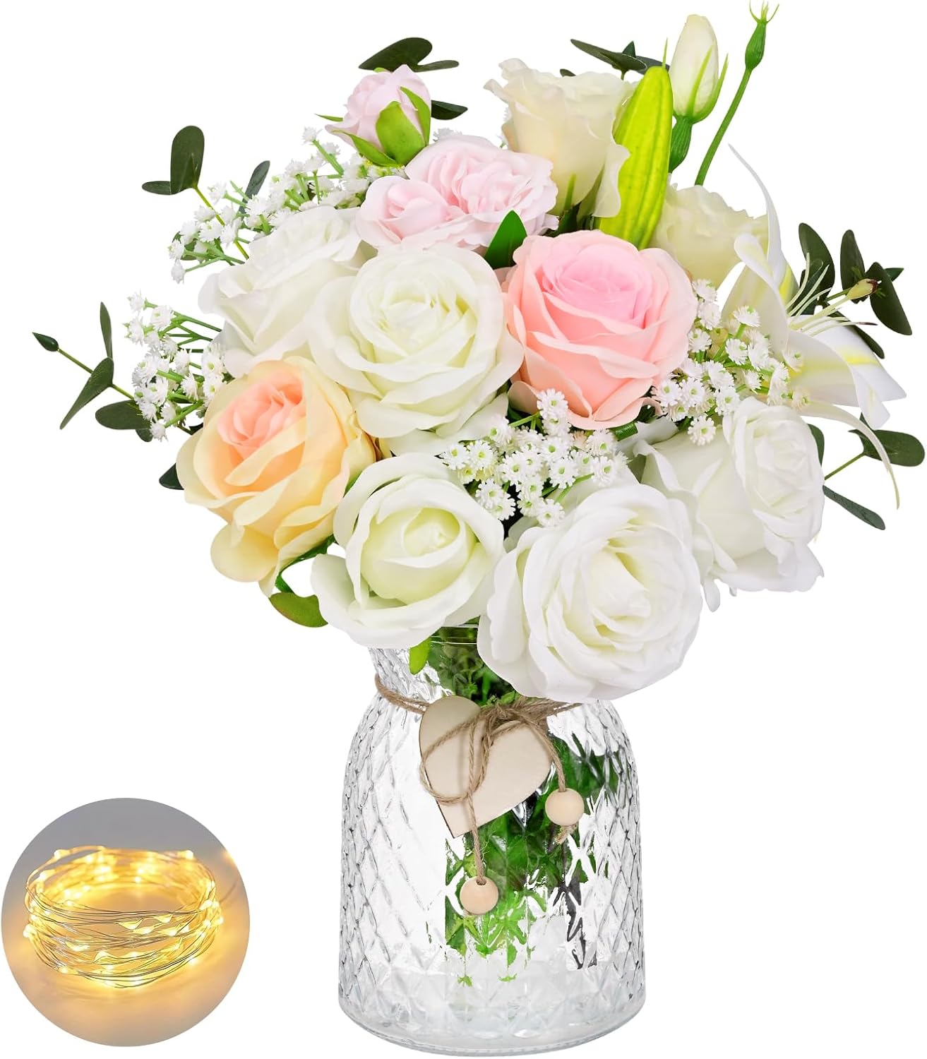 Livole 22Pcs Fake Flowers with Vase Silk White Artificial Flowers in Vase with Light Fake Plant Eucalyptus Flower Arrangement for Table Centerpieces Decor for Living Room Coffee Home Farmhouse
