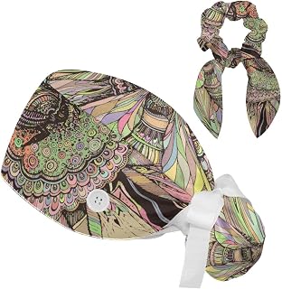 FVQL 2 Pieces Surgical Cap for Long Hair Scrub Cap with Hairband Nurse Cap, Abstract Sunflower and Bee