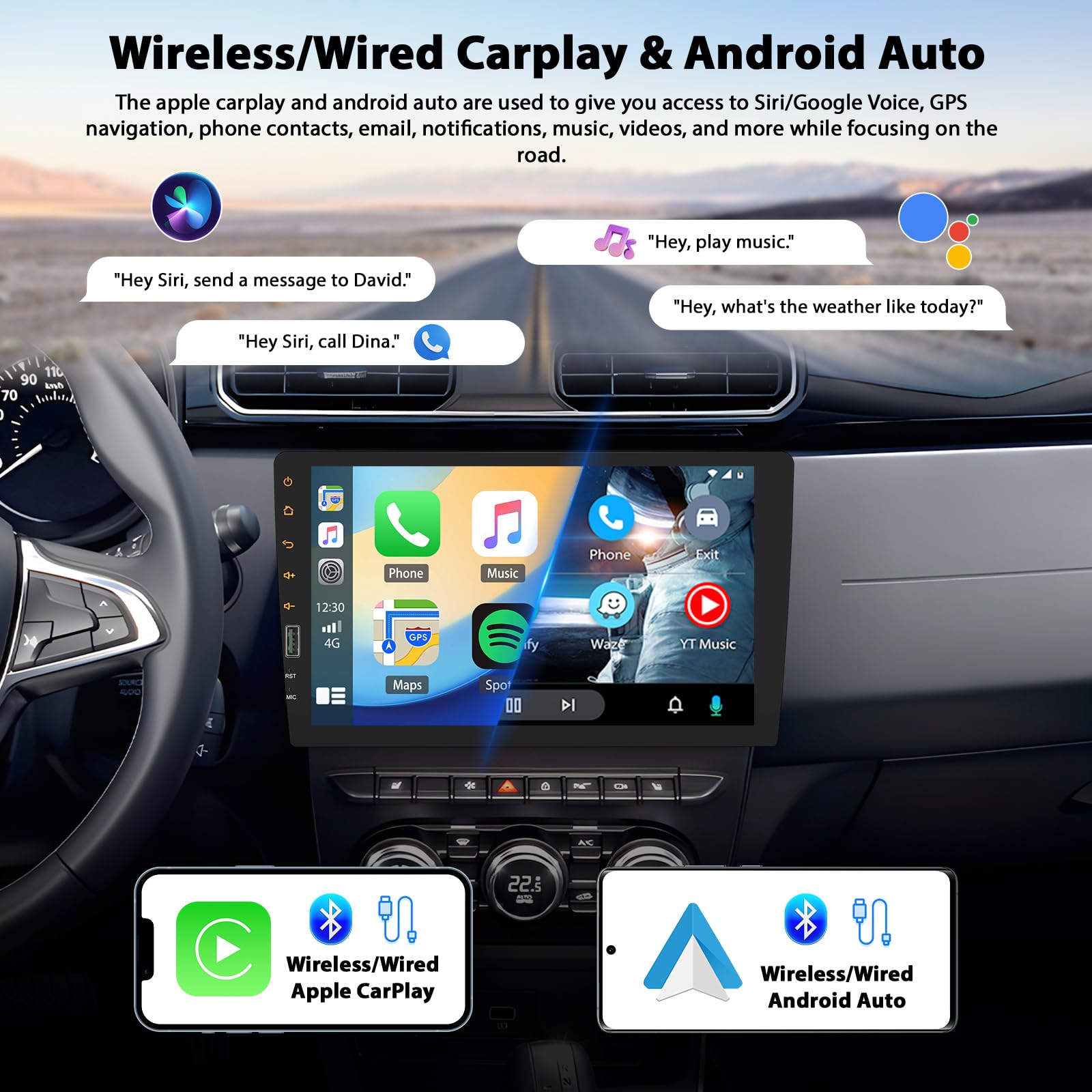 Inefala Radio de Coche 1 DIN con CarPlay Inalámbrico y Android Autoradio, Radio Coche Bluetooth 1 DIN, 9" Pantalla Táctil Autoradio Soporte Mirror Link/FM Radio/USB/Cámara de Respaldo
