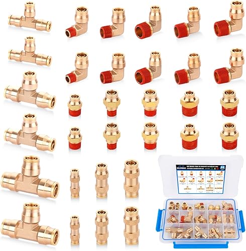 32 piezas de accesorios de línea de freno de aire de latón DOT surtido de 1/4" 3/8" 1/2" kit de accesorios de línea de aire de empuje para conectar
